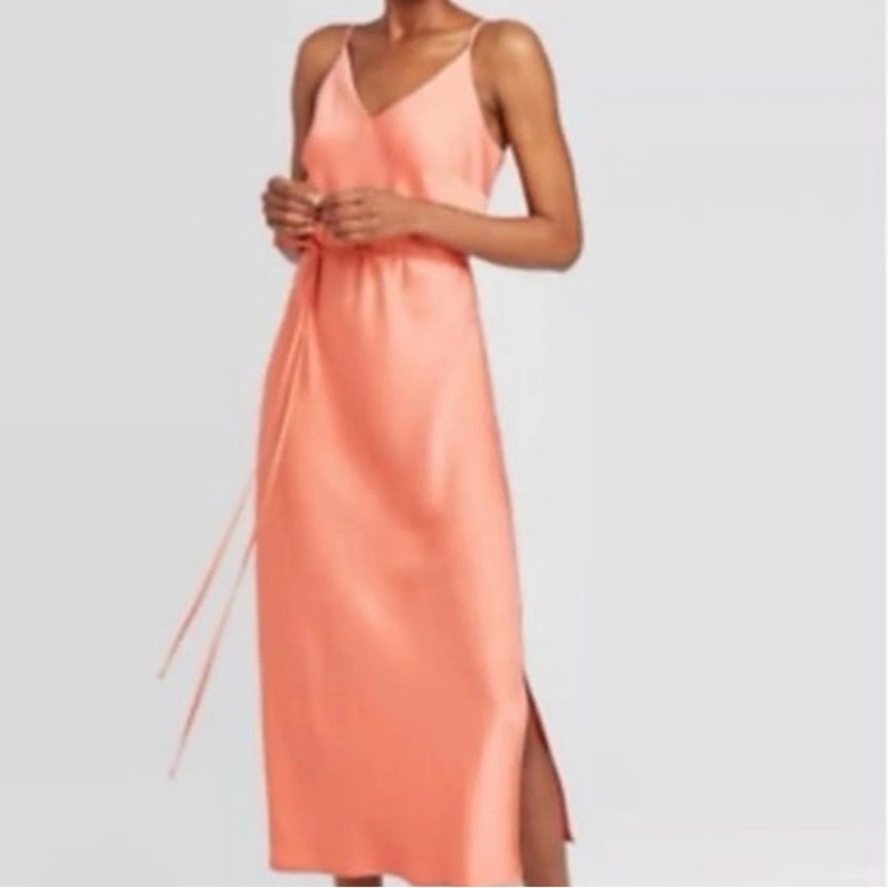Prologue Satin Coral Belted VNeck Slip Midi Dress Adjustable Straps Side Slit S